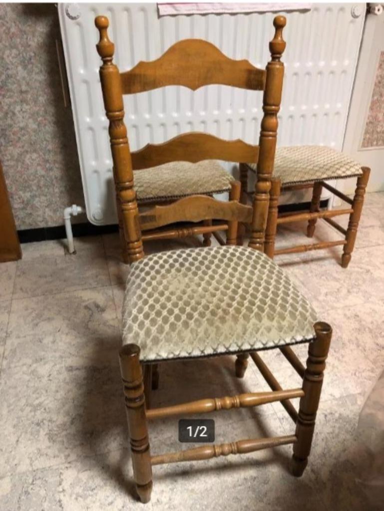 4 stoelen en 2 krukjes in velour stof mint geruit, Huis en Inrichting, Stoelen, Ophalen of Verzenden, Stof