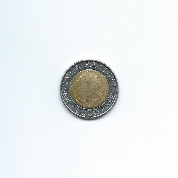 Italië, 500 Lire 1994 R, Luca Pacioli., Ophalen of Verzenden, Italië, Losse munt