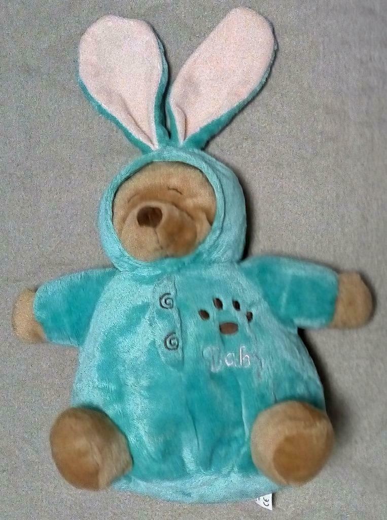 Doudou peluche ours marron déguisé Lapin bleu vert, Enlèvement, Neuf, Ours en tissus, Autres marques