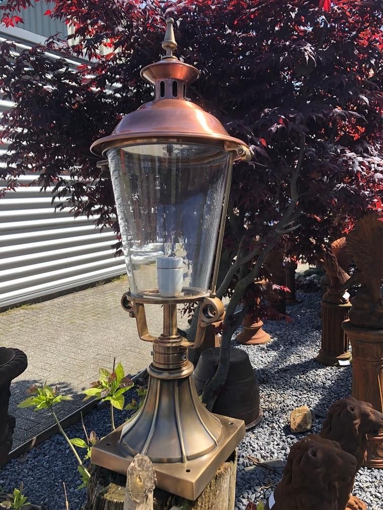 Lamp messing-koper rond glas op voet, geweldig!!!, Ophalen of Verzenden