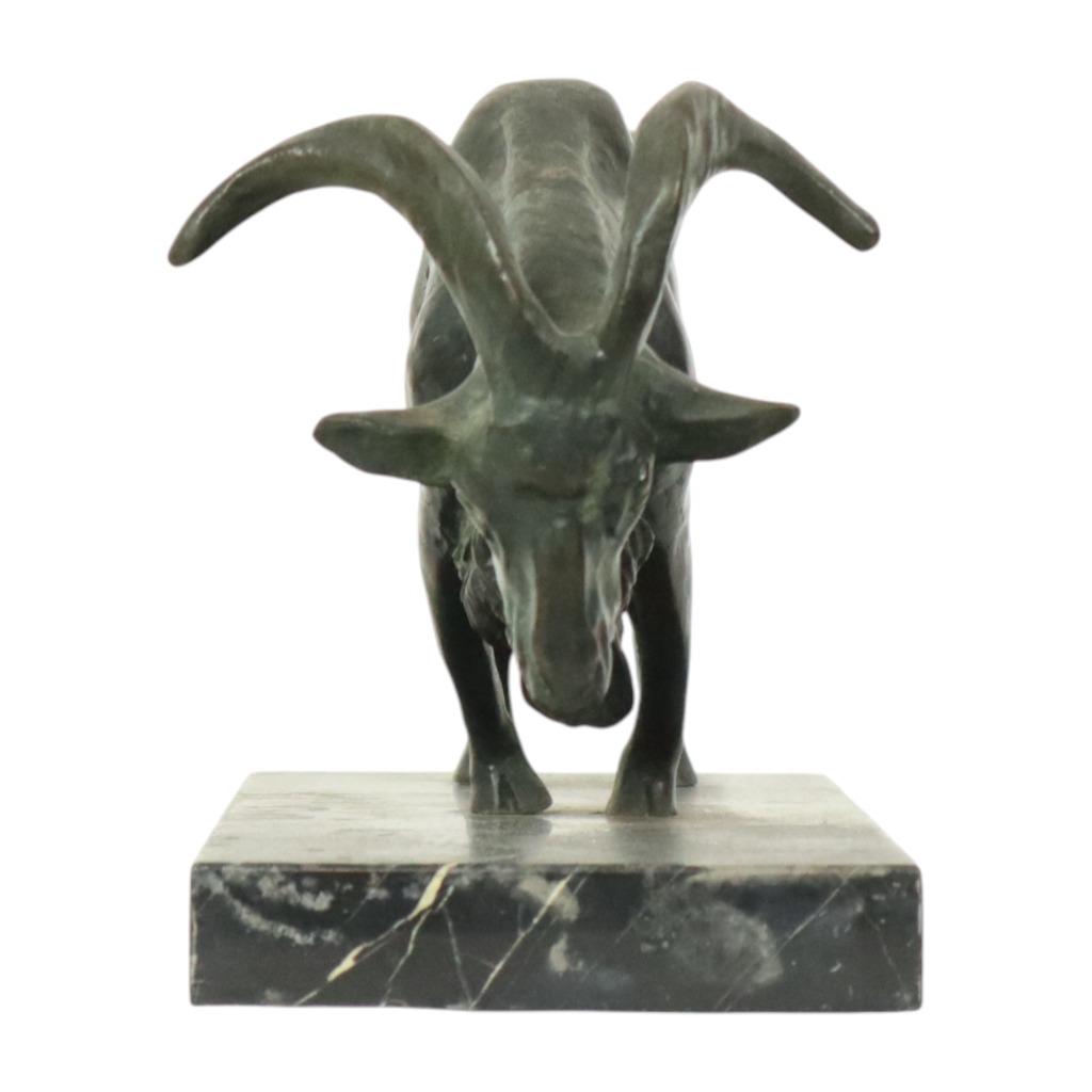 Antiek Bronzen Beeld Diersculptuur Geit Ram Marmer, Antiek en Kunst, Ophalen of Verzenden, Brons