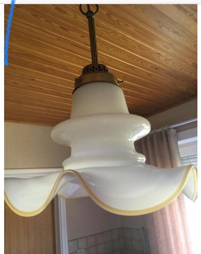 Luster- hanglamp in melkglas met koperen fitting, Huis en Inrichting, Lampen | Hanglampen, Glas, Ophalen of Verzenden