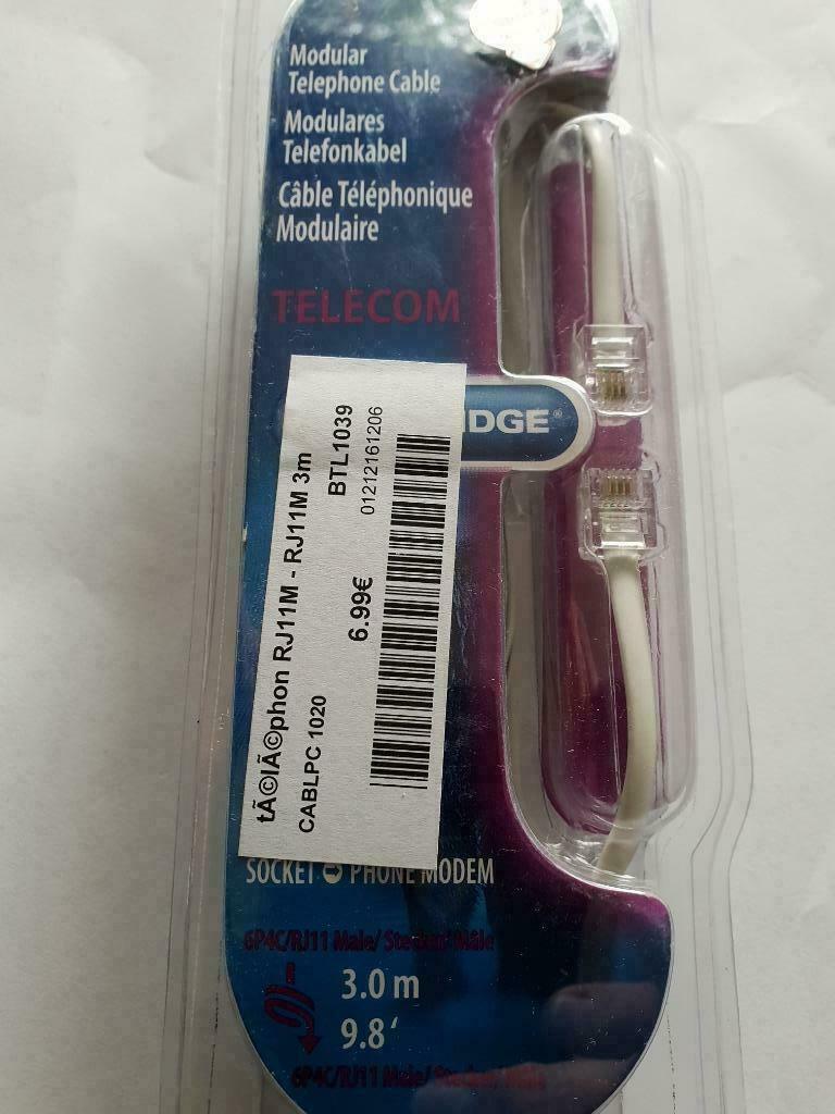 -Cable RJ11 male vers RJ11 male --3 metres-neuf et emballé, Enlèvement ou Envoi, Neuf