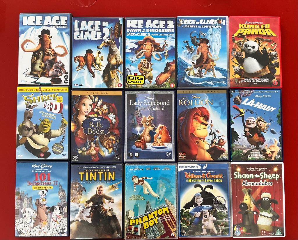 15 DVD's - Disney, Ice Age, Shaun The Sheep, Shrek, Tintin, Ophalen of Verzenden, Zo goed als nieuw, Amerikaans