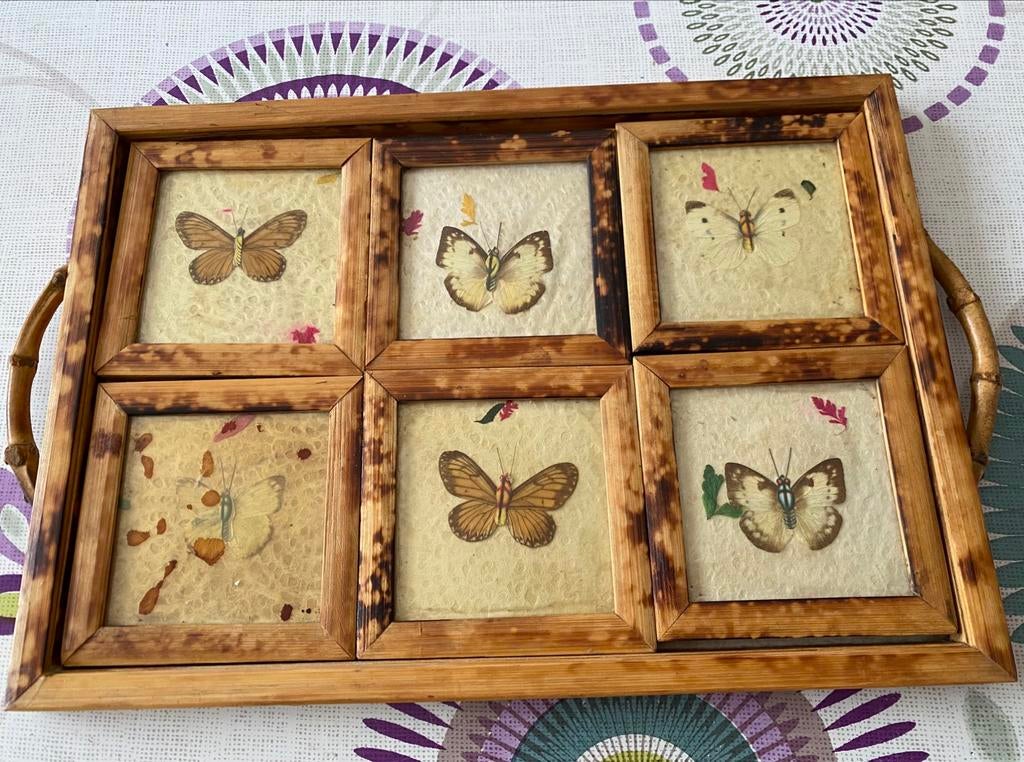 Vintage dienblad en onderzetters — vlinderdecor, Ophalen of Verzenden