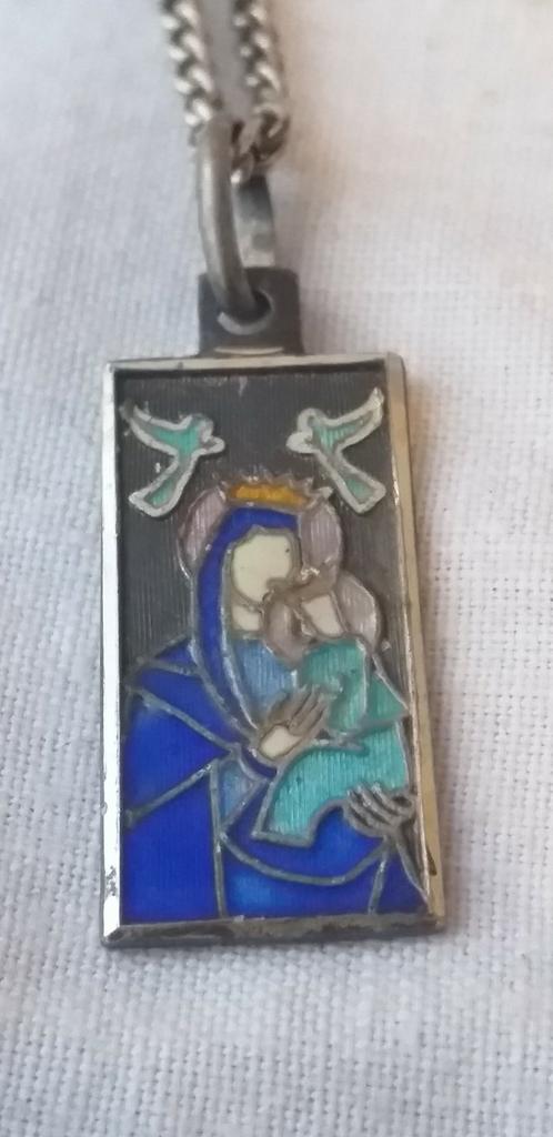 Vtg. Zilver Emaille hanger met ketting.Madonna., Ophalen of Verzenden, Zilver