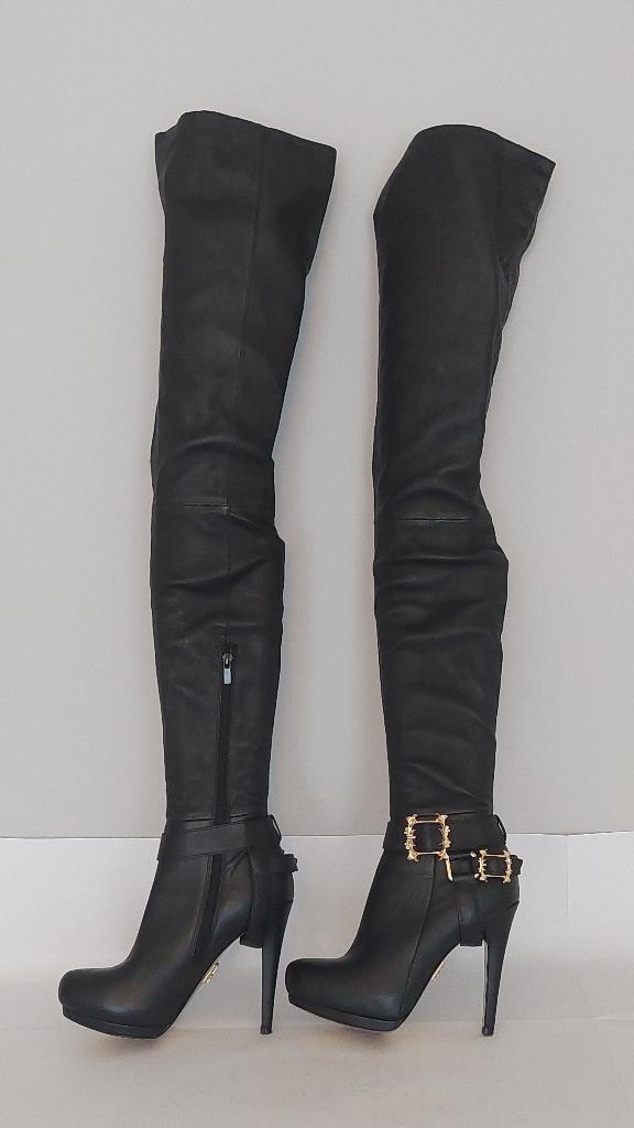 791C* Anna Dello Russo sexy zwarte vol lederen laarzen (38), Kleding | Dames, Schoenen, Gedragen, Hoge laarzen, Zwart, Verzenden