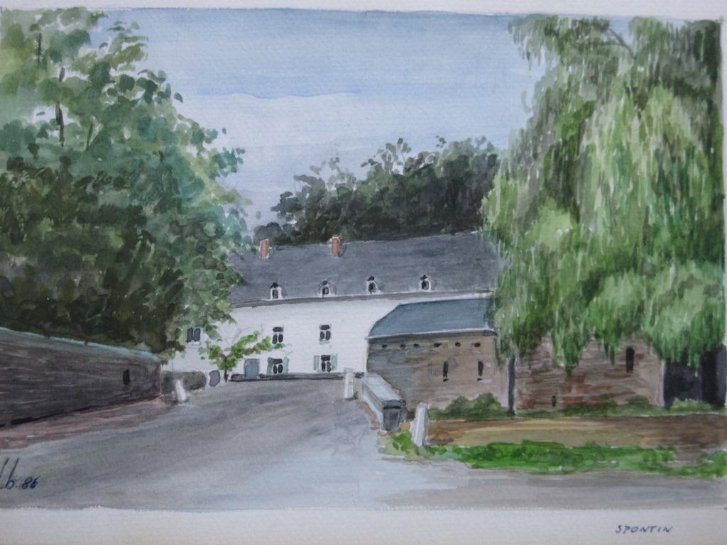 Aquarel "Ingang kasteel van Spontin" door L. Boschmans, Antiek en Kunst, Kunst | Schilderijen | Klassiek, Ophalen of Verzenden