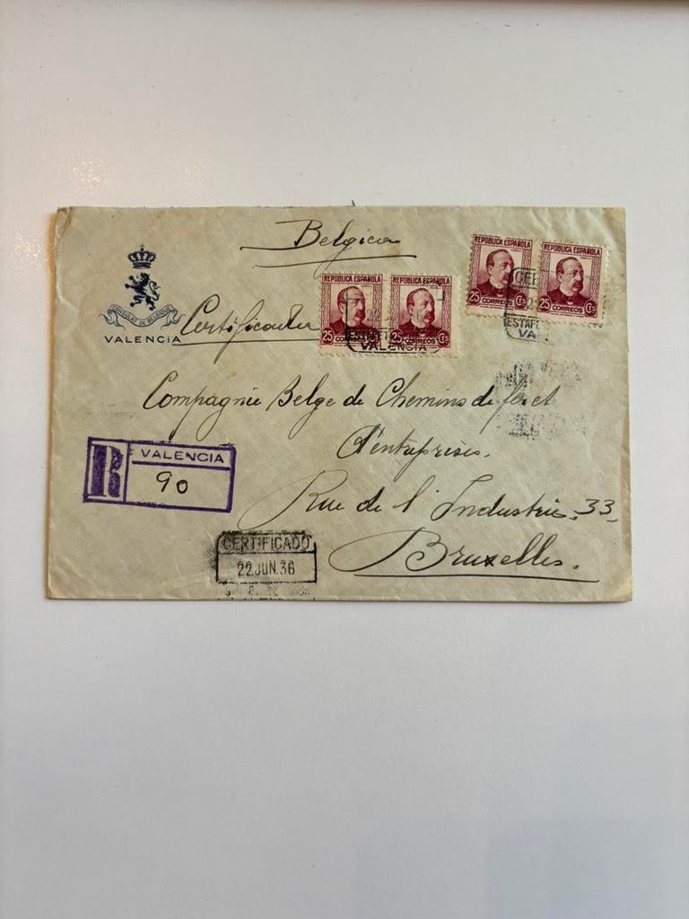 Guerre civile espagnole Valence 1936, Timbres & Monnaies, Lettres & Enveloppes | Étranger, Enlèvement ou Envoi, Lettre