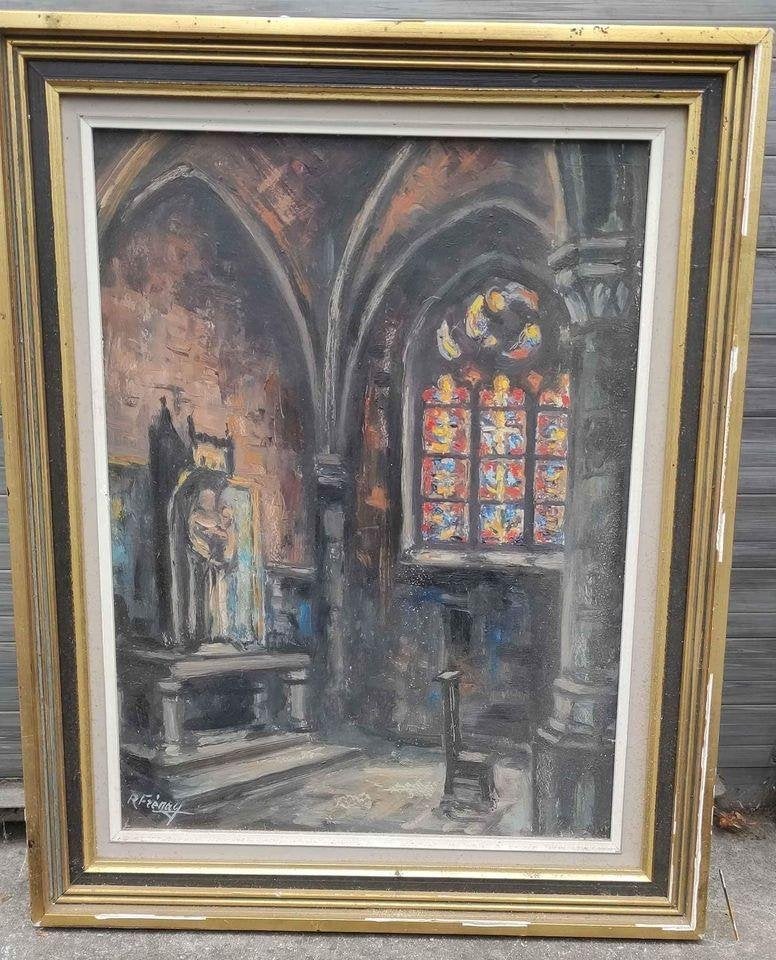Huile sur panneau intérieur d église signe Robert frenay, Antiek en Kunst, Ophalen of Verzenden