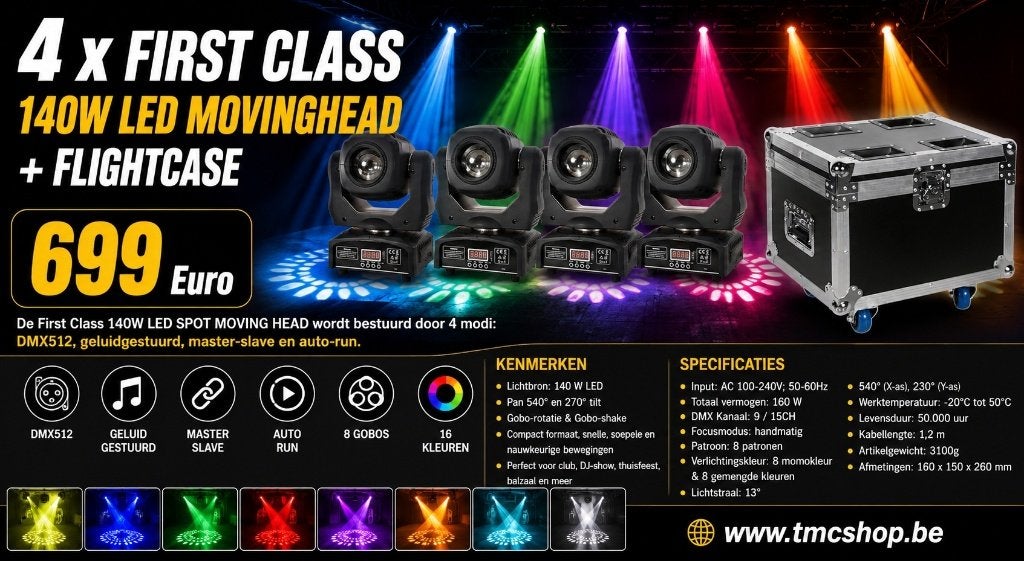 Nieuwe Flightcase met 4 x FIRST CLASS 140W LED MOVINGHEAD, Muziek en Instrumenten, Ophalen of Verzenden, Nieuw, Licht, Geluidgestuurd