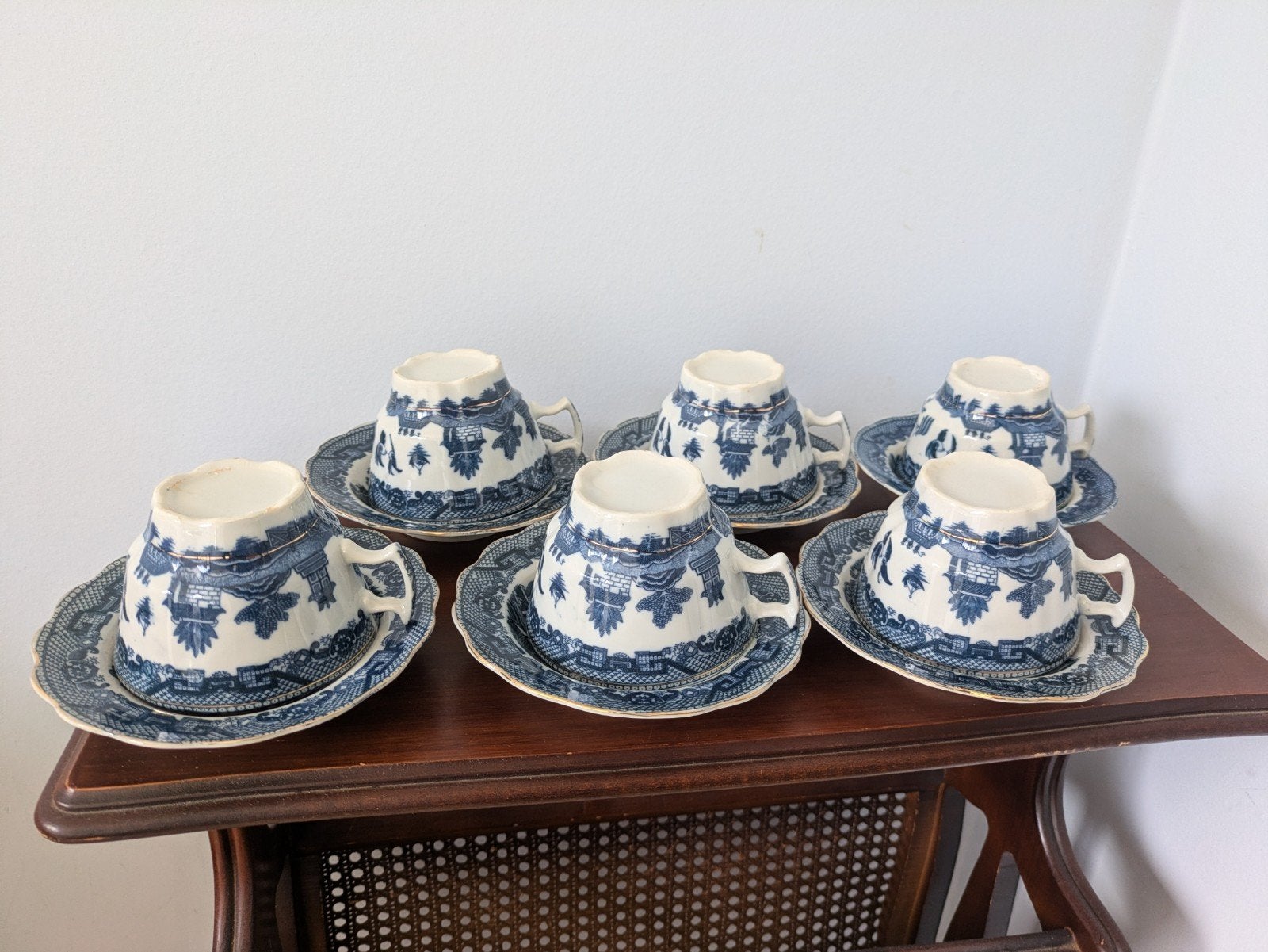 Vintage "Blue Willow" theekoppen en schotels – 6-delige set, Ophalen