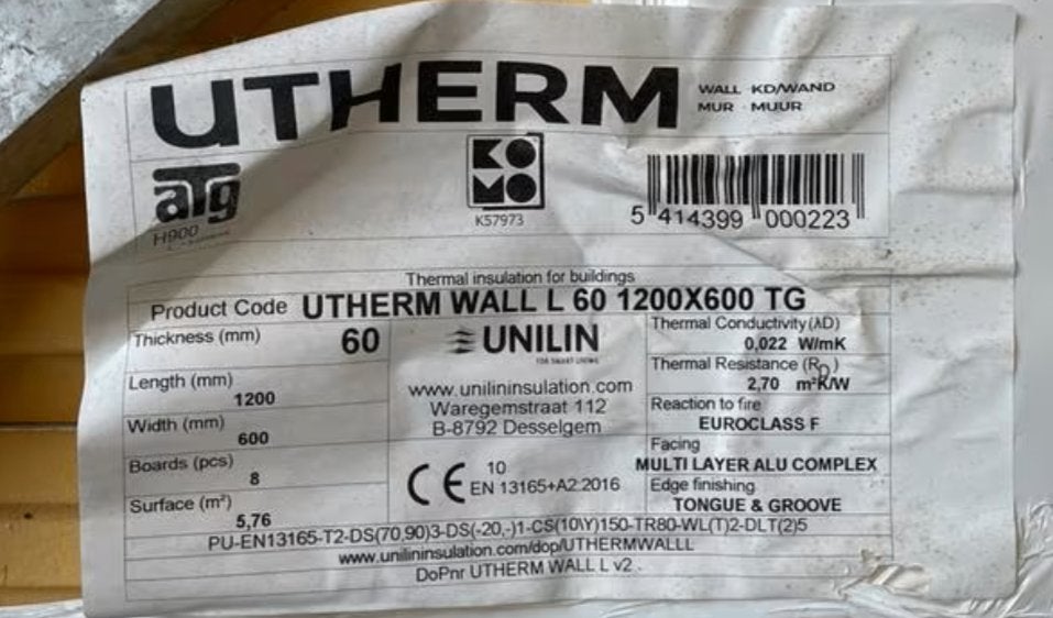 Unilin Utherm Wall L 60 1200x600 TG prijs per m2, Bricolage & Construction, Isolation & Étanchéité, Enlèvement, Mousse rigide (PIR)