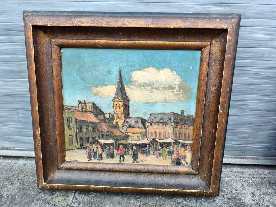 huile sur panneau marche de termeuzen signe emile lecomte, Antiek en Kunst, Ophalen of Verzenden, Paneel