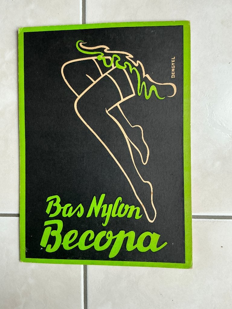 Ancien carton, pub, mode, Bas Nylon Becopa, 1953, Dengyel., Collections, Posters & Affiches, Utilisé, Publicité, A4 ou plus petit