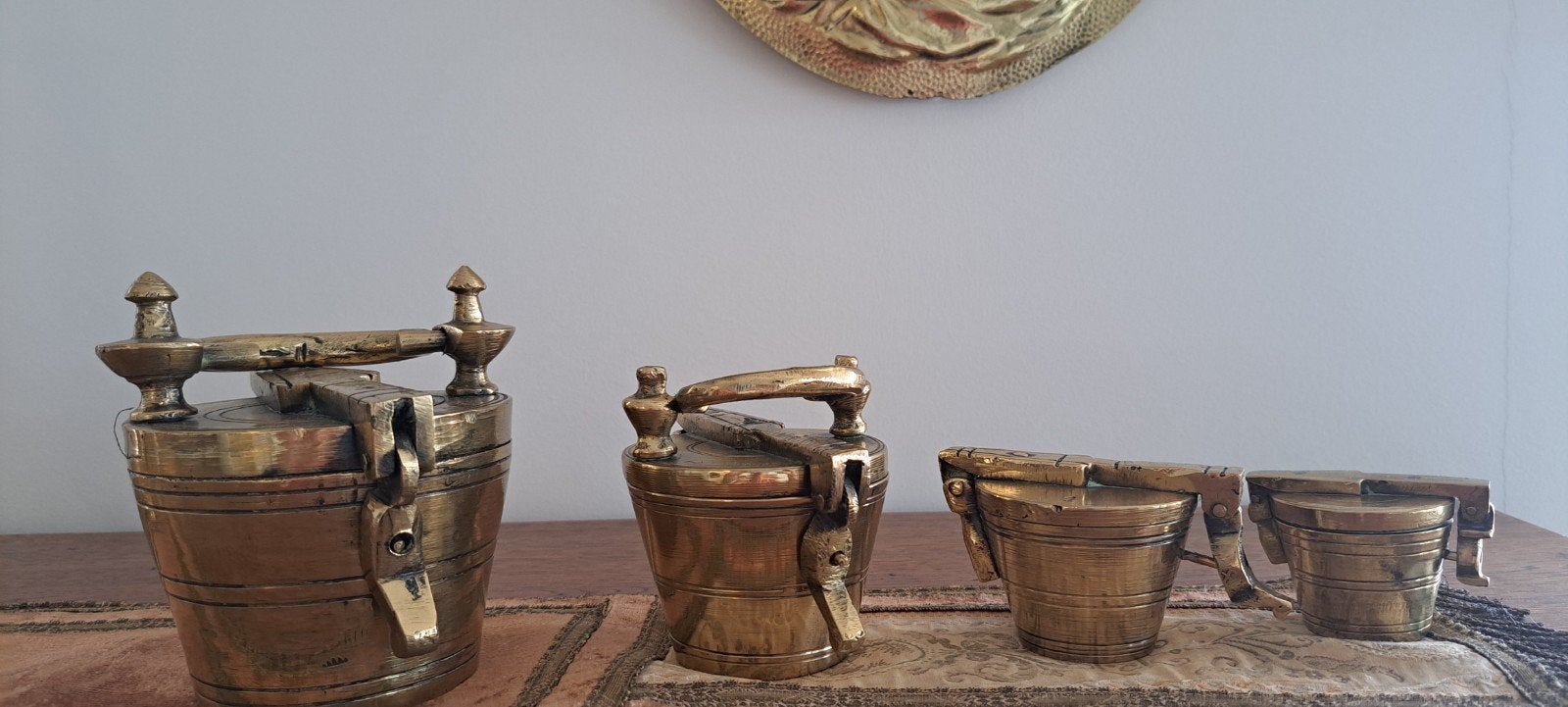 Antieke apothekersgewichtset van 4 stuks, Antiek en Kunst, Ophalen, Koper