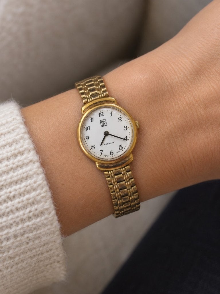 Montre femme Rodania – plaquée or – bracelet extensible, Montre-bracelet, Autres marques, Enlèvement ou Envoi, Acier