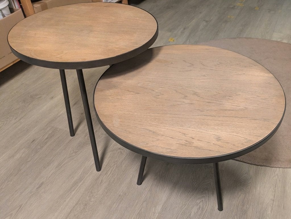 Set van 2 ronde salontafels / bijzettafels, Huis en Inrichting, Gebruikt, Rond, 55 tot 75 cm, Industrieel, modern, landelijk