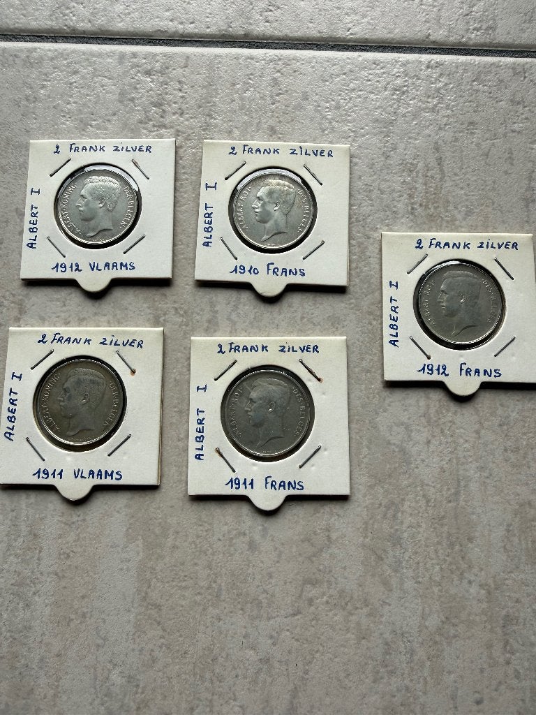 5 munten van 2 frank zilver Albert I 1910, 1911 en 1912, Zilver, Ophalen of Verzenden, Losse munt, Zilver