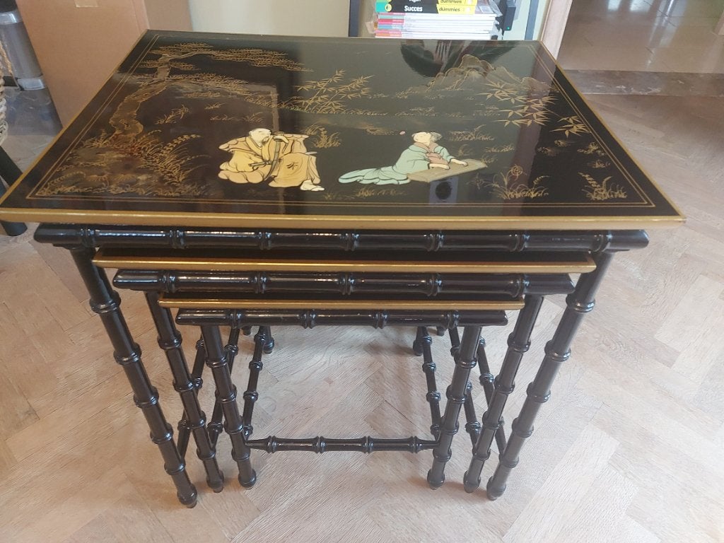 Chinese tafeltjes 3 in elkaar/ nesting tables, Enlèvement, Utilisé, Rectangulaire, Bois