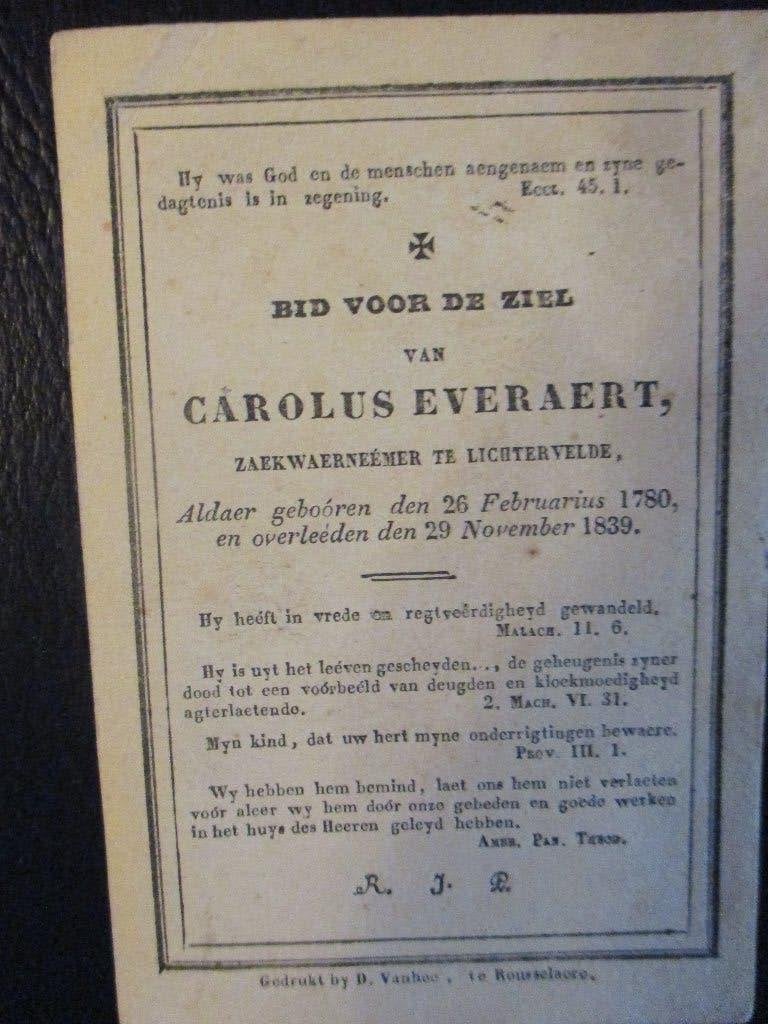 bidprentje 1780 Lichtervelde Carolus Everaert, Verzamelen, Bidprentjes en Rouwkaarten, Verzenden, Bidprentje