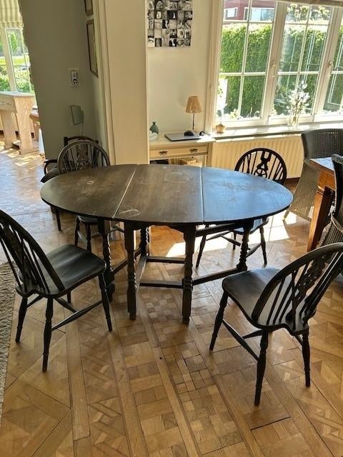 Oude ovale eettafel en 4 stoelen, Antiek, 150 à 200 cm, Cinq personnes ou plus, Enlèvement