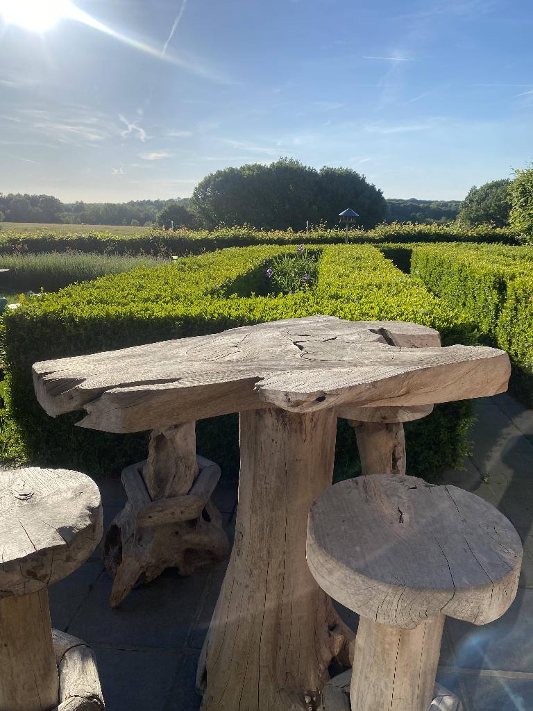 Boomstamtafel met krukken, Tuin en Terras, Tuintafels, Zo goed als nieuw, Ovaal, Hout, Ophalen