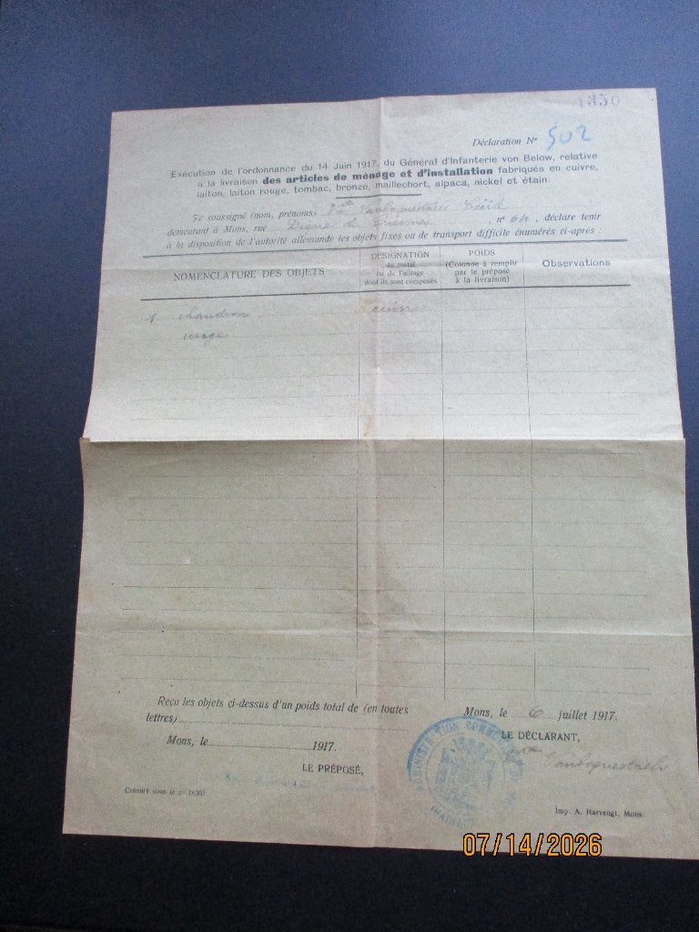 Mons 1917.Inbeslagname koperen ketel, Verzamelen, Verzenden