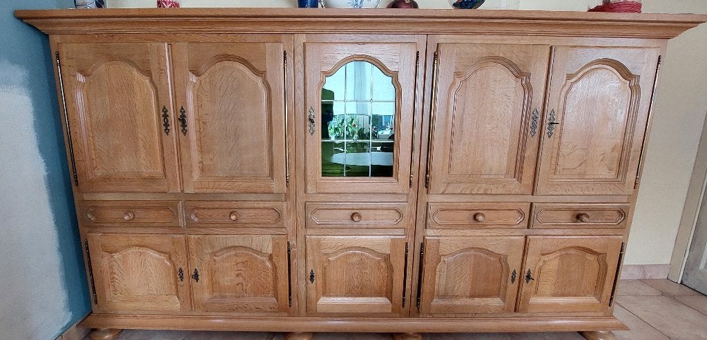 Massief eiken dressoir, Ophalen, Gebruikt, Met deur(en), Glas