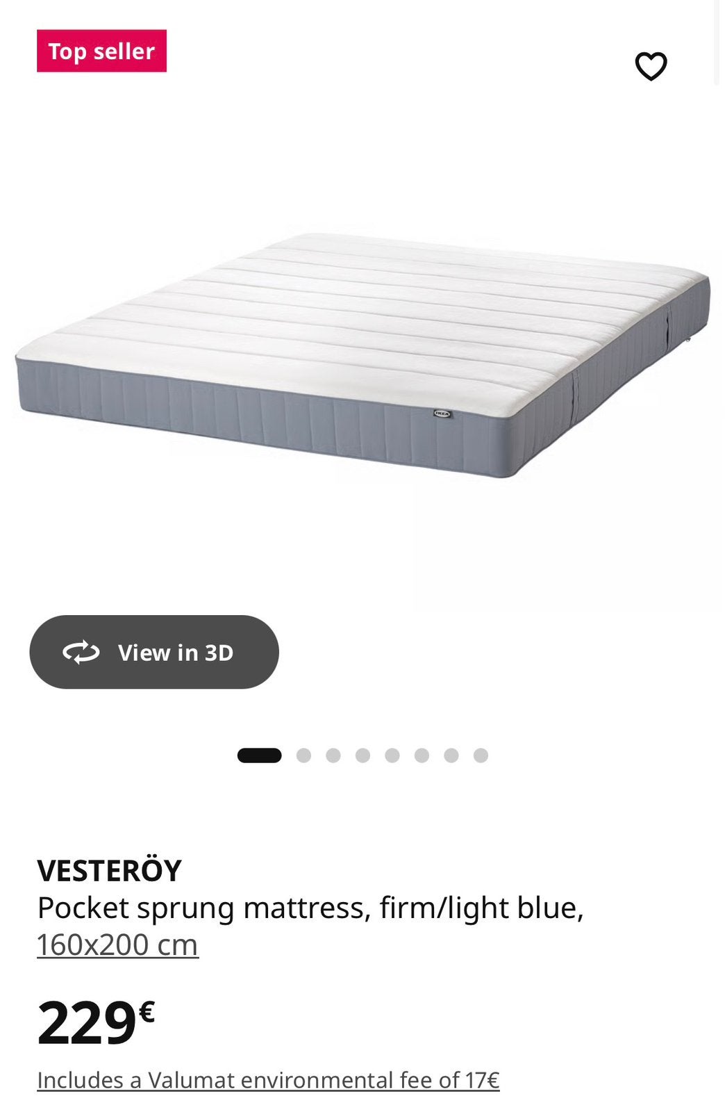 VESTERÖY Pocket sprung mattress, firm/light blue, 160x200 cm, Huis en Inrichting, Slaapkamer | Matrassen en Bedbodems, Ophalen of Verzenden