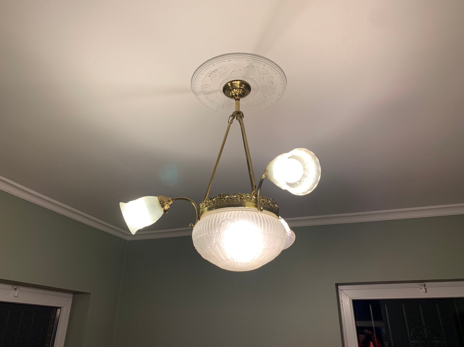 Antieke koperen luster met 4 lichtpunten in perfecte staat, Ophalen of Verzenden, Zo goed als nieuw
