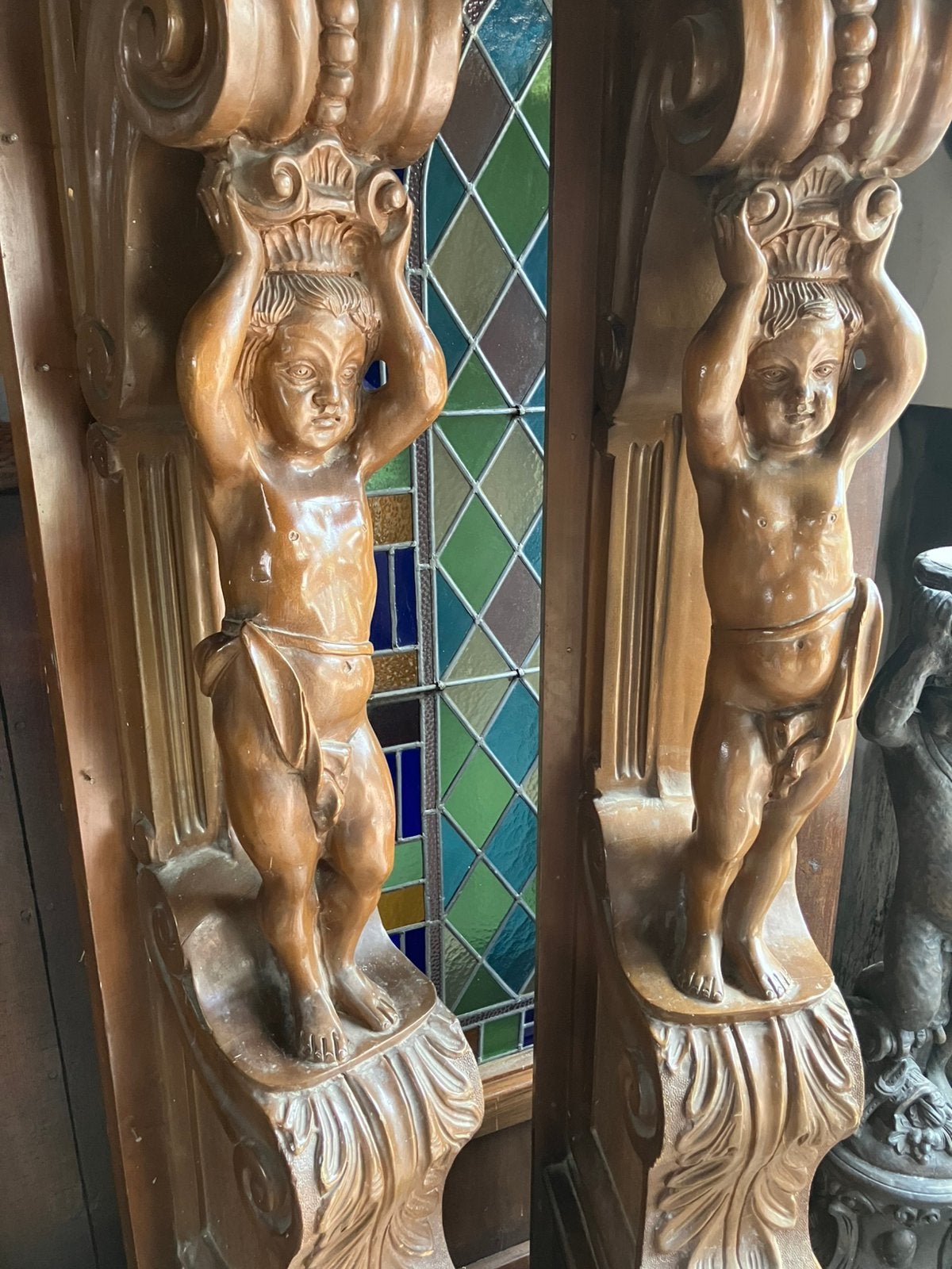 antieke houten kariatide zuilen met Cherubijnen, Antiek en Kunst, Ophalen