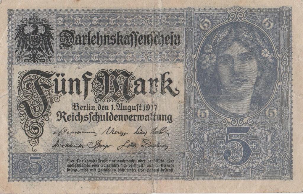 5 Mark Darlehnskassenschein-bankbiljet uit 1917 ., Postzegels en Munten, Ophalen of Verzenden, Duitsland, Los biljet