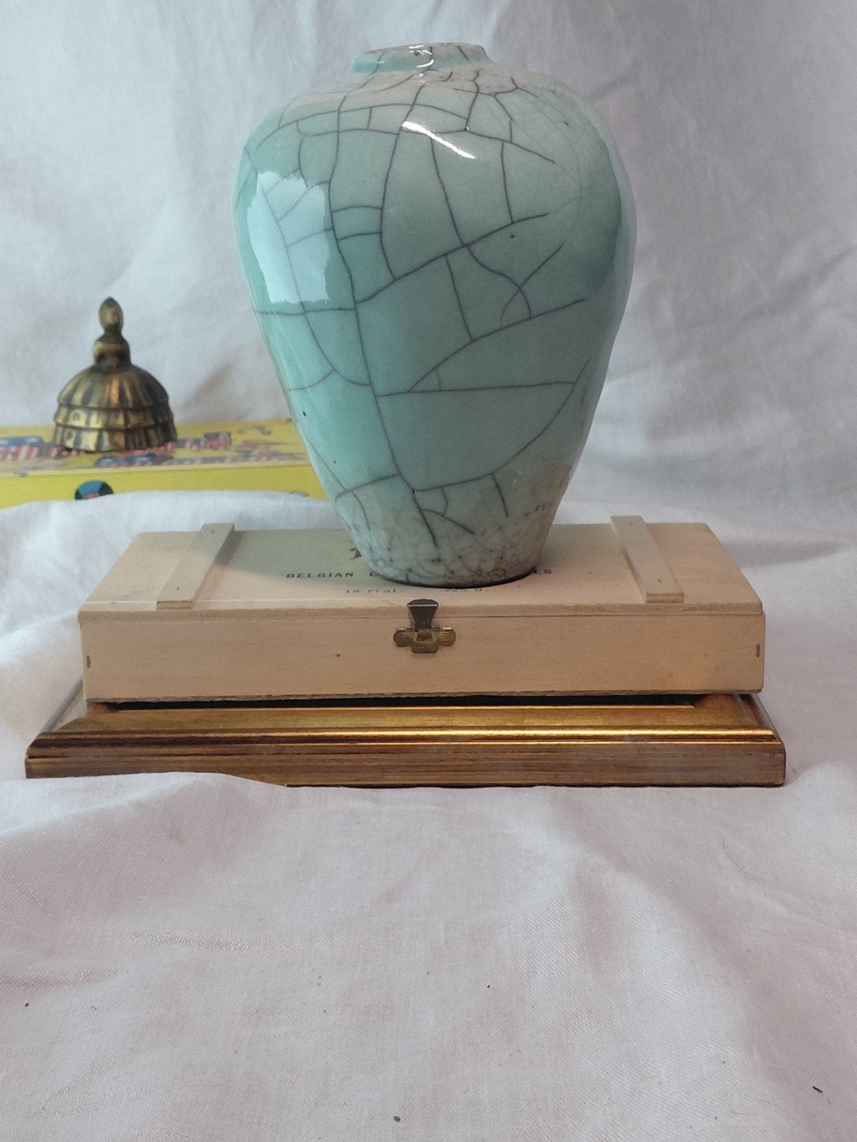Ancien vase boule en céramique craquelée céladon, Ophalen of Verzenden, Zo goed als nieuw
