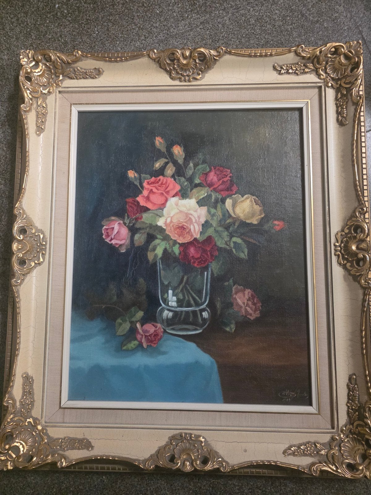 Prachtig Vintage Stilleven Gemengde Rozen in Vaas – Olieverf, Peinture à l'huile, Signé, Enlèvement, Nature morte