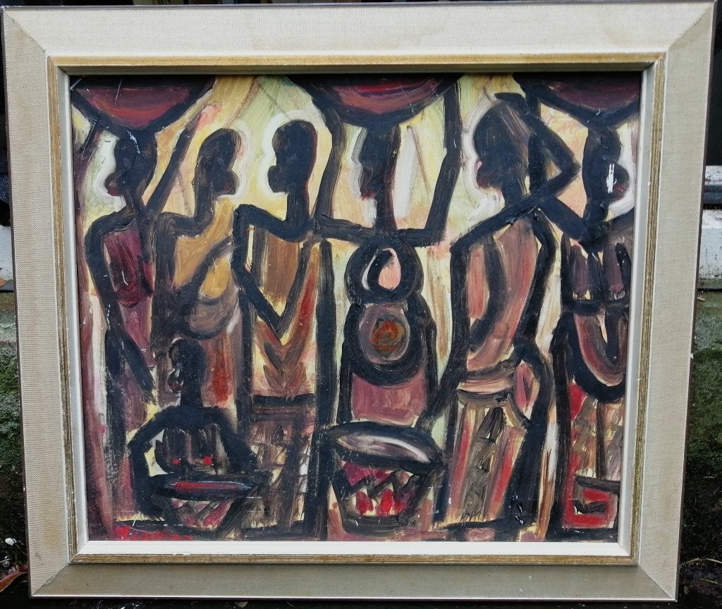 Jespers '"" African scene "" olieverf op paneel, Enlèvement ou Envoi, Signé, Peinture à l'huile