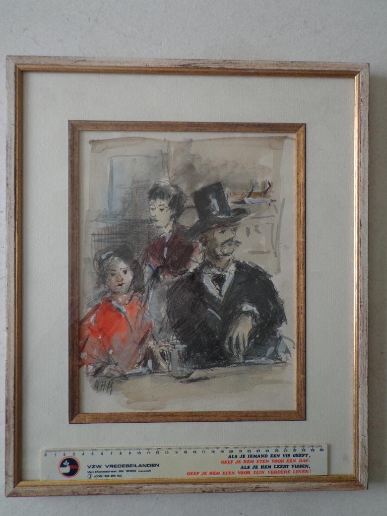 kleurrijke art deco aquarel met drie personen monogram Y A R, Antiek en Kunst, Ophalen