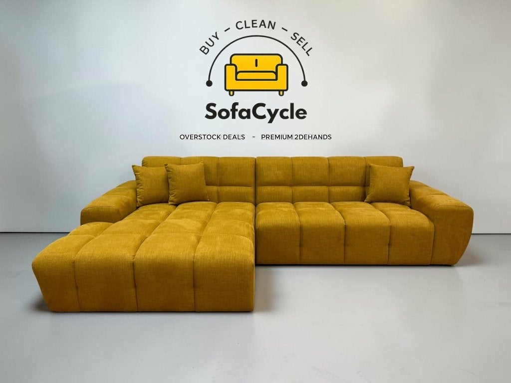 Goossens Opulent hoekzetel geel XL 342 cm – nieuw, Gebruikt, Zonnestraat 223-229, 9600 Ronse, België, Info@sofacycle.be, SofaCycle VOF
