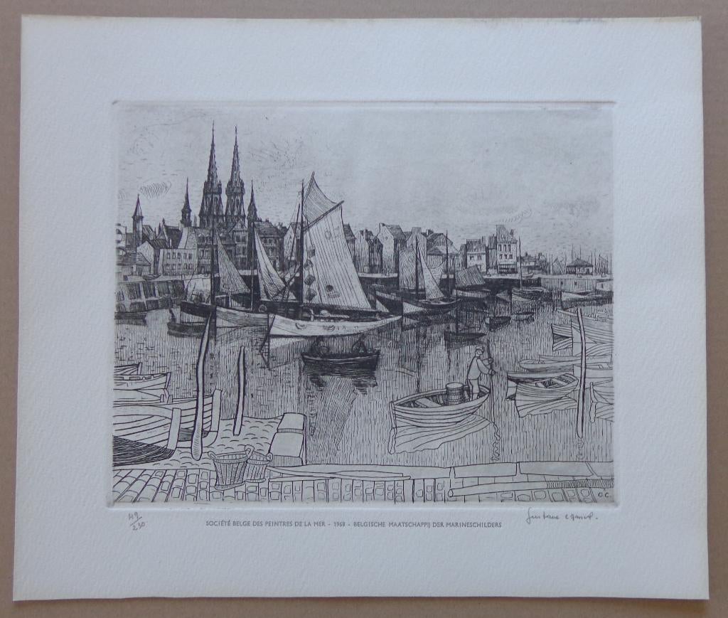 GUSTAVE CAMUS / HAVEN OOSTENDE / ZW-W ETS / 34x40cm / SIG, Antiquités & Art, Enlèvement ou Envoi