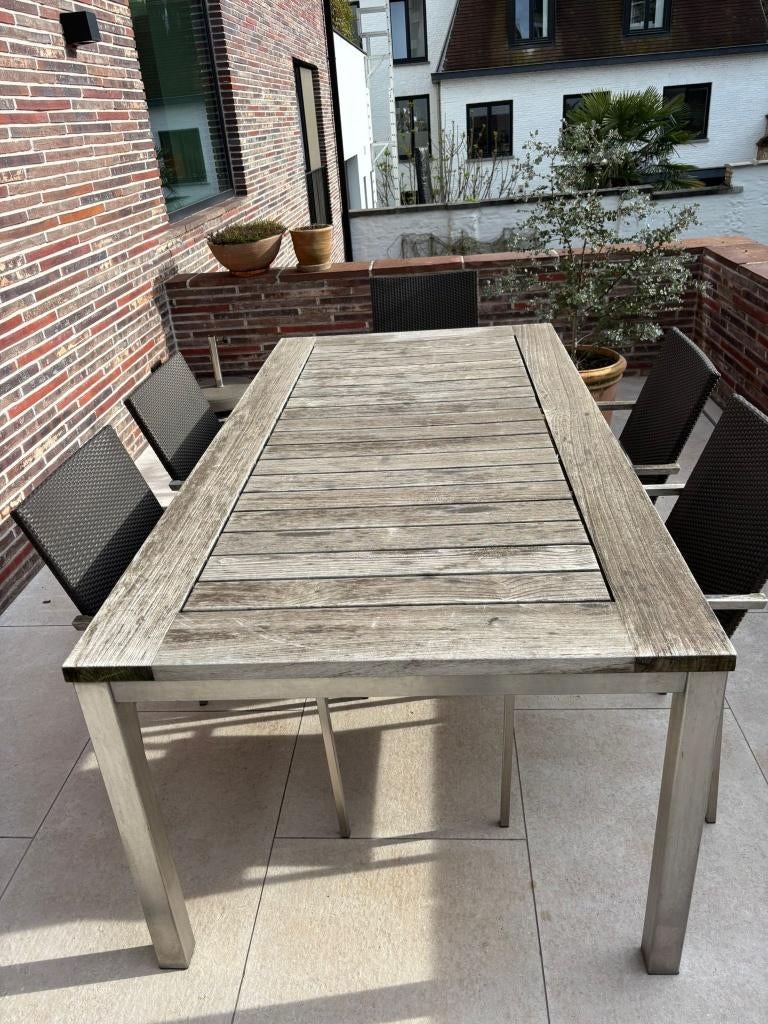 tuintafel en stoelen, Tuin en Terras, Tuintafels, Gebruikt, Rechthoekig, Hout, Ophalen