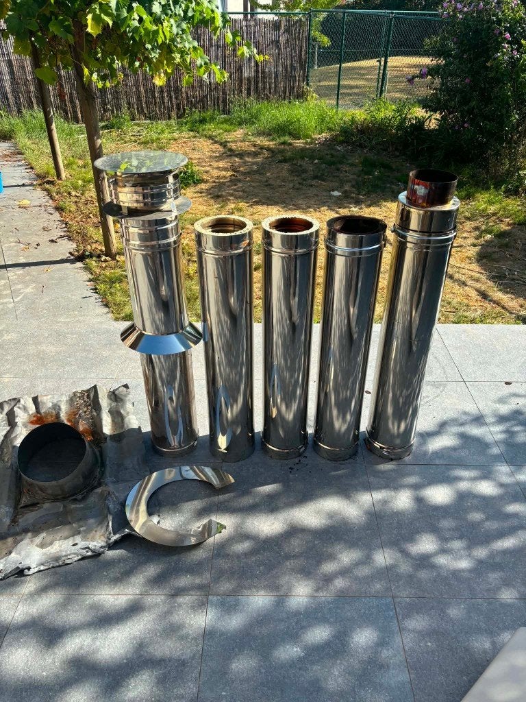 Dubbelwandige RVS kachelpijp Ø150/200 – complete set, Ophalen, Inox, Gebruikt, Minder dan 20 mm