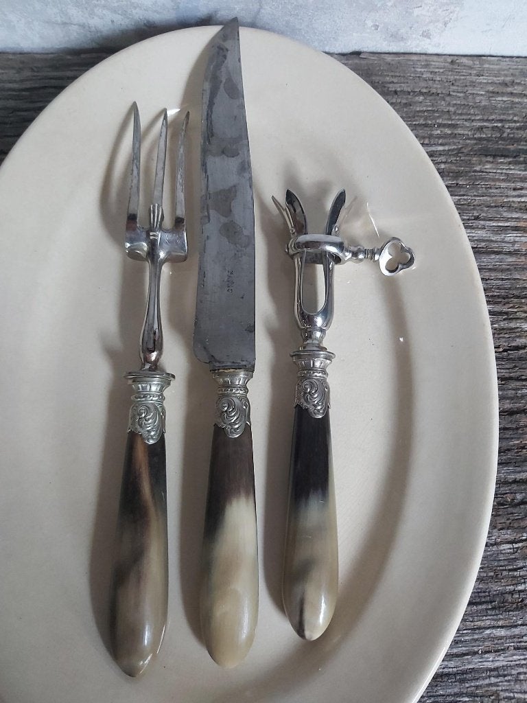 Oude sabatier / trancheercouvert set mes, vork en houder, Antiek en Kunst, Ophalen of Verzenden