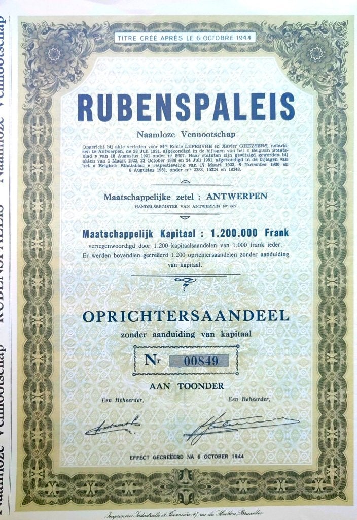 Rubenspaleis (Ciné Rubens Antwerpen) 1951, Postzegels en Munten, Aandelen en Waardepapieren, Ophalen of Verzenden, 1950 tot 1970