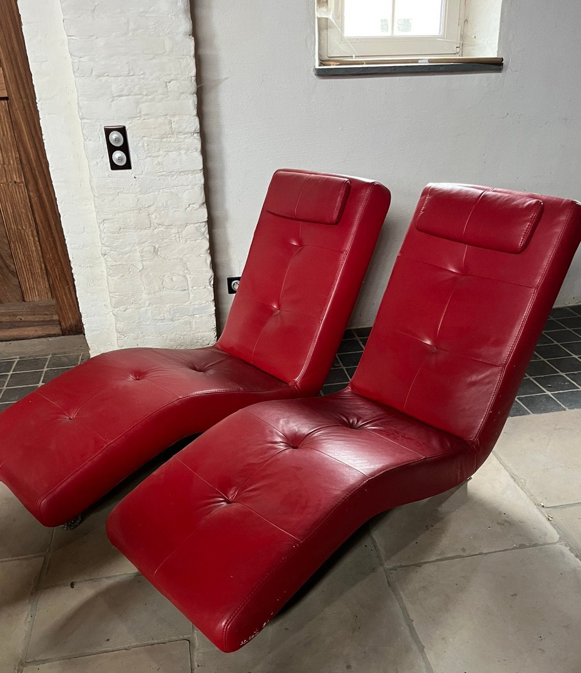 Set van twee rode leren relaxzetels, Ophalen, Gebruikt, Eenpersoons