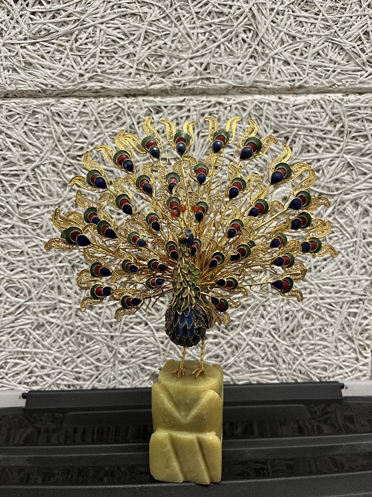 Vintage cloisonné pauwbeeldje met groene voet, Ophalen