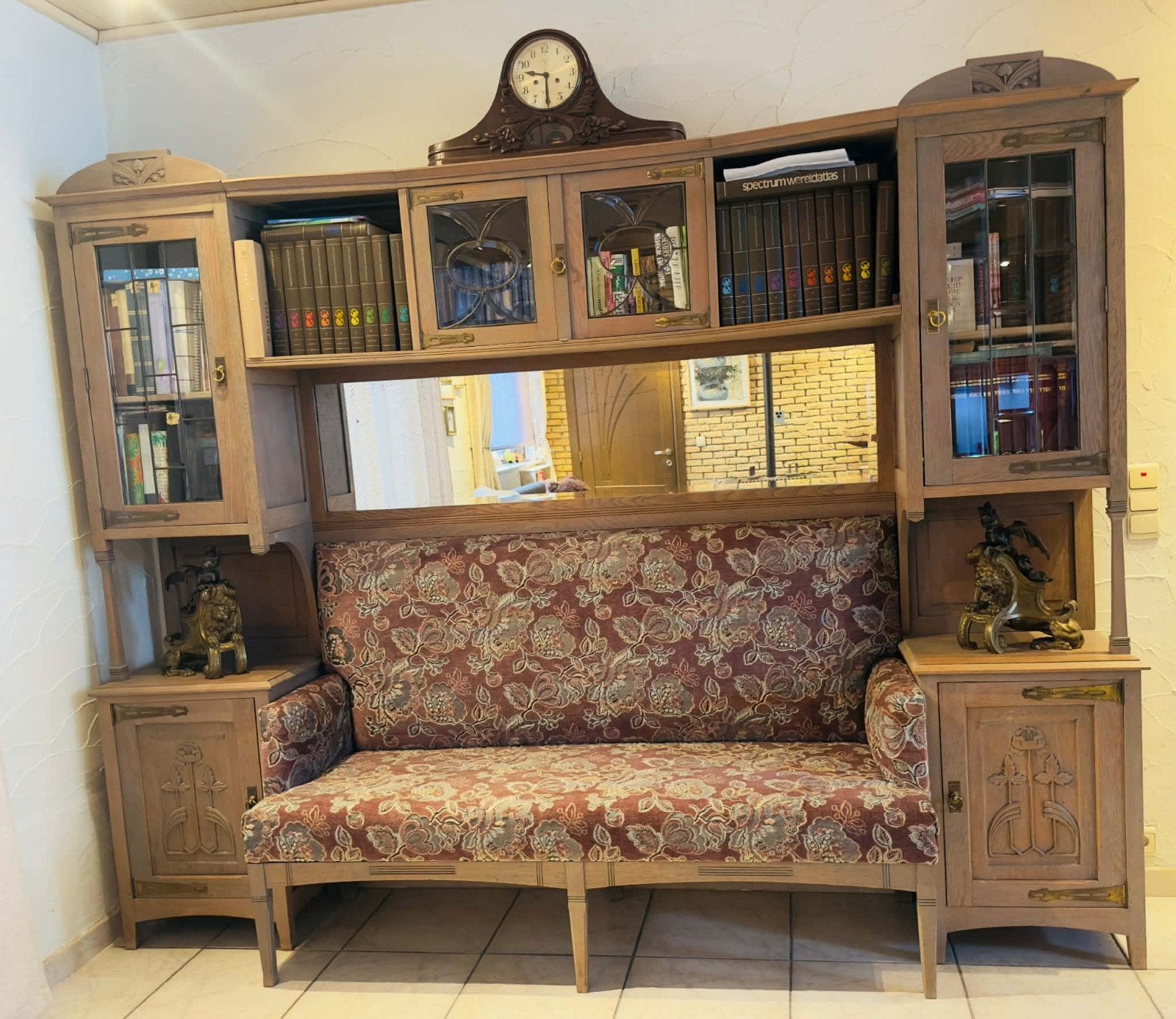 Uniek     Grote eiken bibliotheekkast met zitbank, Avec porte(s), 25 à 50 cm, 250 à 300 cm, Utilisé