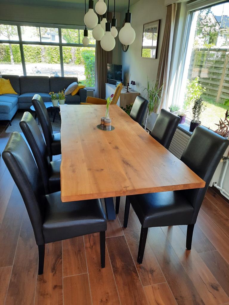 Eetkamerstoelen 6, bruin kunstleder., Huis en Inrichting, Ophalen, Gebruikt, Bruin, Hout