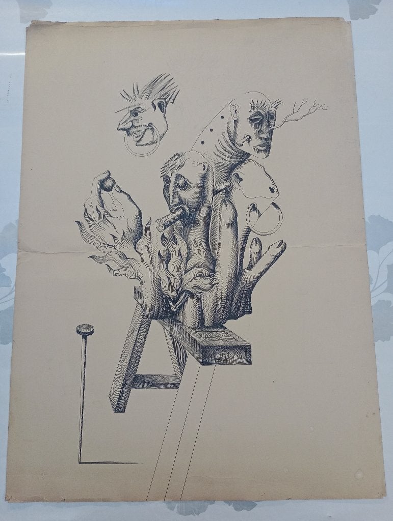 Surrealistische inkttekening 50x70, onafgewerkt, B38, Antiek en Kunst, Ophalen of Verzenden, Tekening, Ingelijst