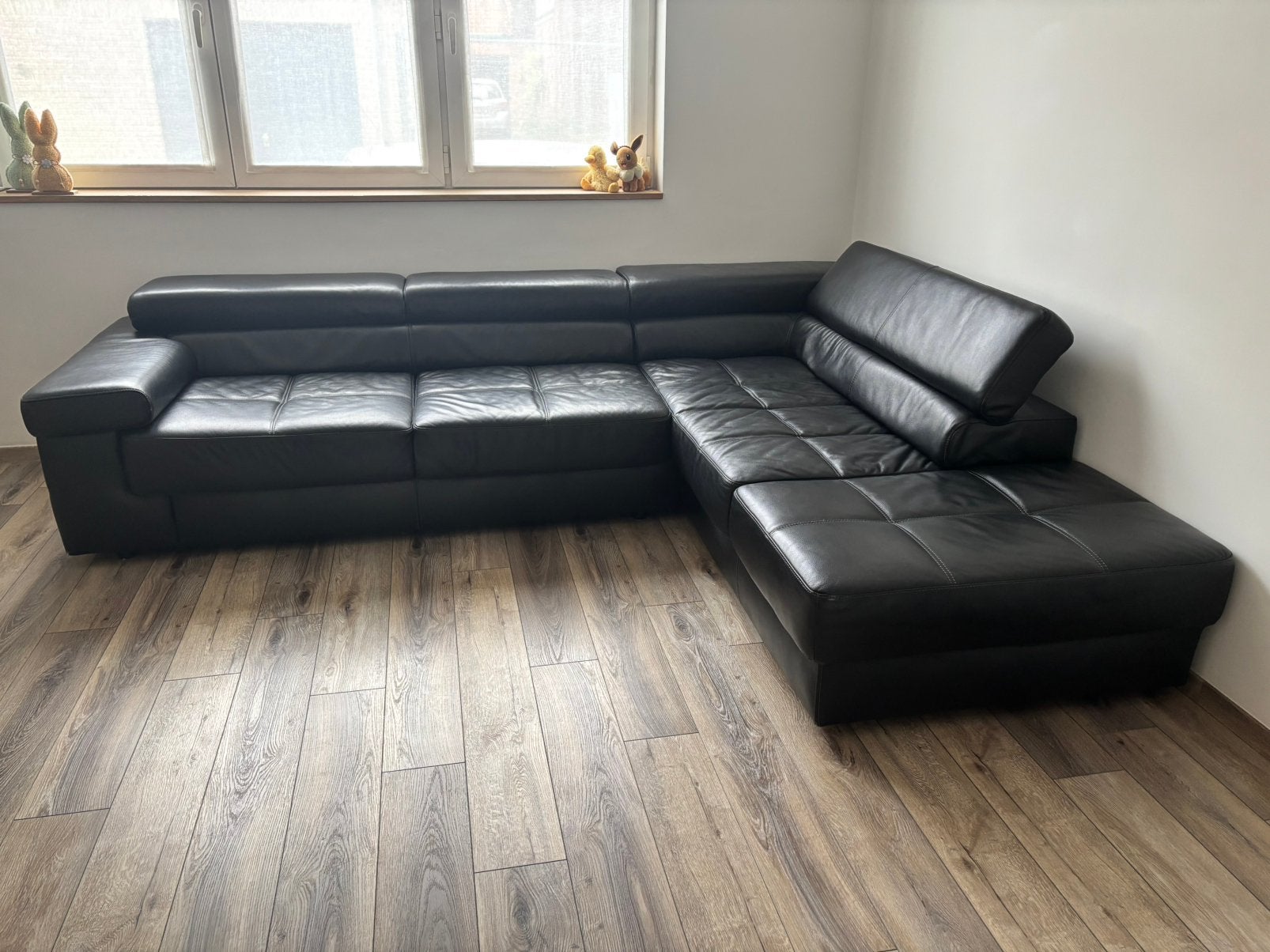 Zwarte lederen hoekzetel - longchair rechts, Ophalen, Gebruikt