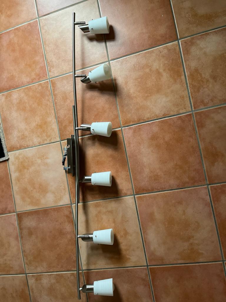 Kroonluchter van 140 cm met 6 eco-spots, Ophalen, Zo goed als nieuw, Glas